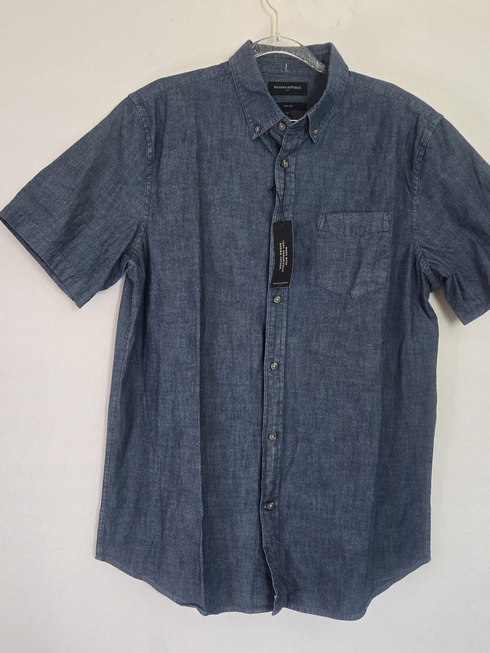 ​Banana Republic Men Short Sleeve Denim Shirt Slim Fit Large Tall NWT Blue Cotto